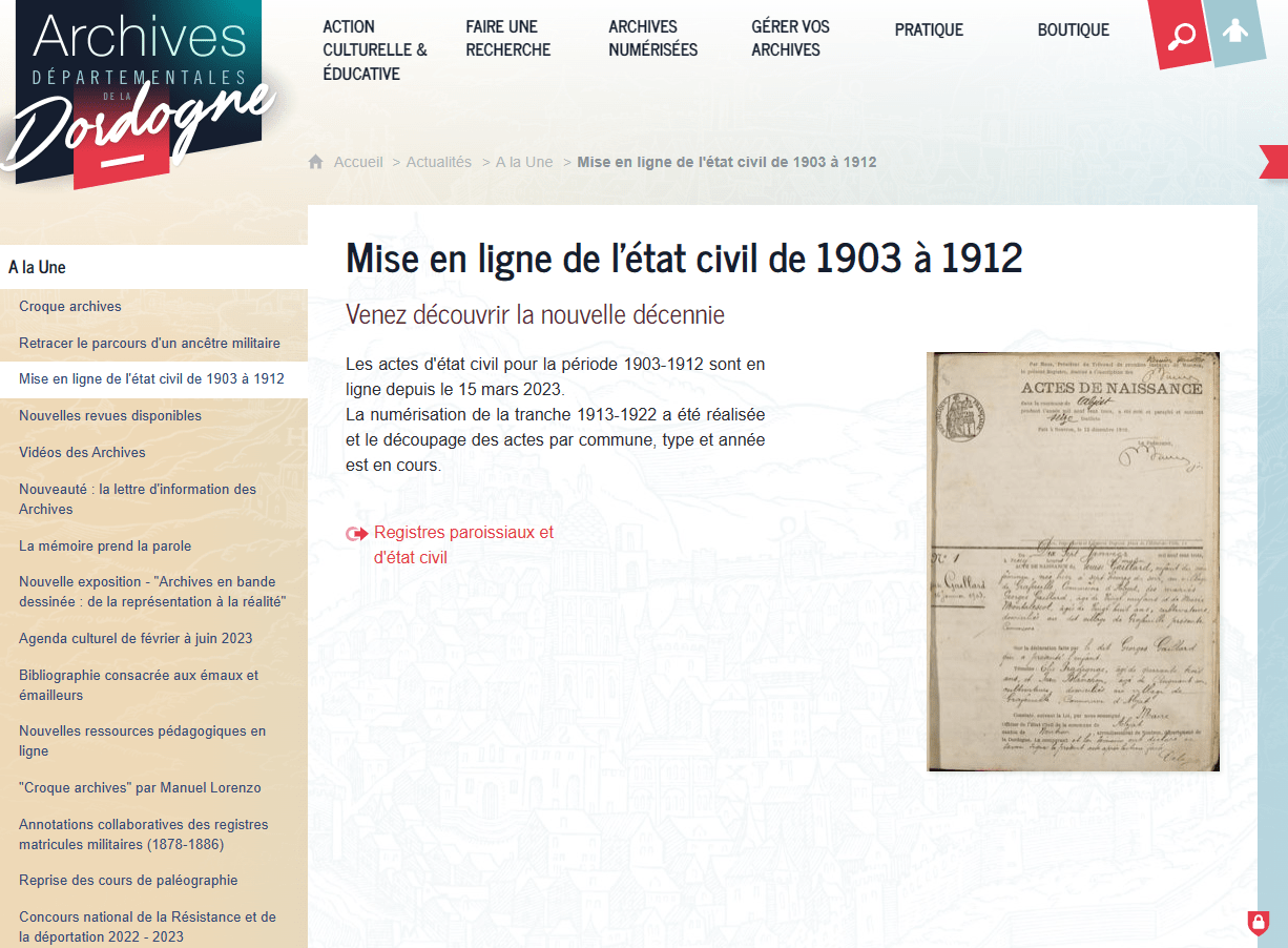 Archive 24, Dordogne état civil 1903 1912 en ligne Archive en ligne