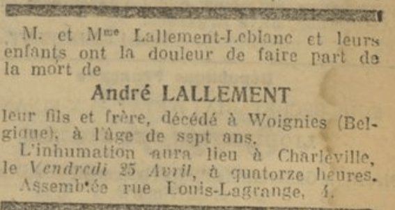 Avis de décès Lallement André Charleville Le Petit Ardennais 24 Avril 1919