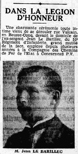 Beuzec-Conq Le Barillec Jean 51e RI Légion d'honneur Le Petit Breton 6 janvier 1935
