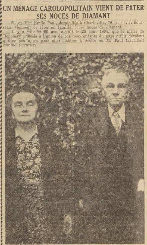 Charleville Noces de diamant Mr et Mme Paul Emile L'Ardennais 1 septembre 1954