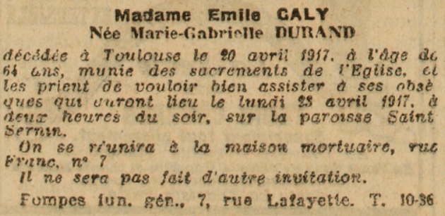 Avis de décès Toulouse Durand Marie Gabrielle La Dépêche 22 Avril 1917
