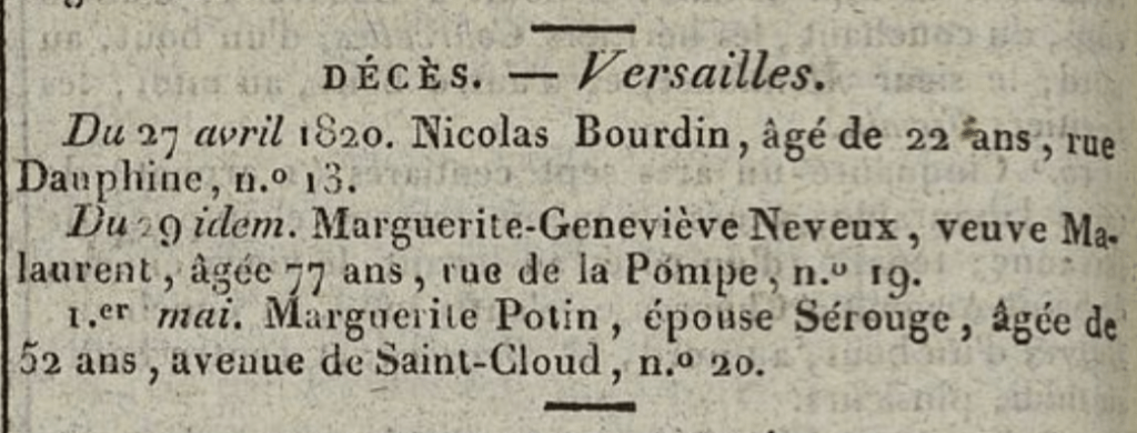 Versailles Avis de décès Journal de Seine et Oise 6 Mai 1820