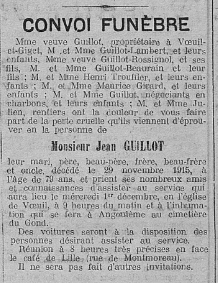 Angoulême Guillot Jean La Charente 1 Décembre 1915