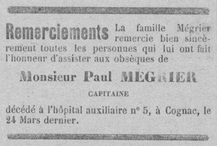 Avis de remerciement Megrier Paul 1917 Ere Nouvelle des Charentes 1 Avril 1917