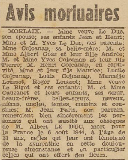 Avis mortuaire Le Duc Albert Morlaix Le Télégramme 18 Septembre 1944