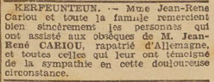 Cariou René Quimper Kerfeunteun Le Télégramme 18 Septembre 1944