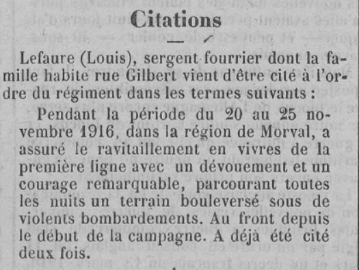 Cognac Citation Lefaure Louis Ere Nouvelle des Charentes 4 Mars 1917