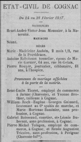 Etat civil Cognac 24 au 28 Février 1917 La Charente 1 Mars 1917