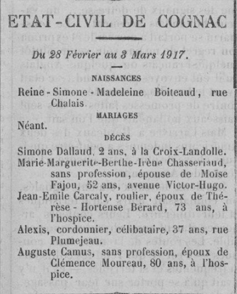 Etat civil cognac 3 Mars 1917 Ere Nouvelle des Charentes 4 Mars