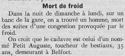 L'Alsace 7 Février 1907 Belfort Petit Auguste mort de froid