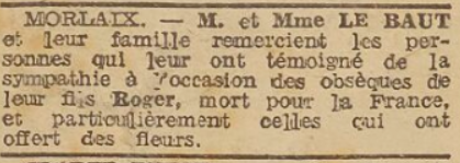 Le Baut Roger Morlaix Le Télégramme 18 Septembre 1944