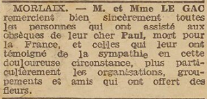 Le Gac Paul Morlaix Le Télégramme 18 Septembre 1944