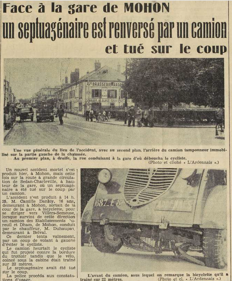 Mohon Danloy Camille 76 ans collision cycliste avec un camion L'Ardennais 9 juillet 1955