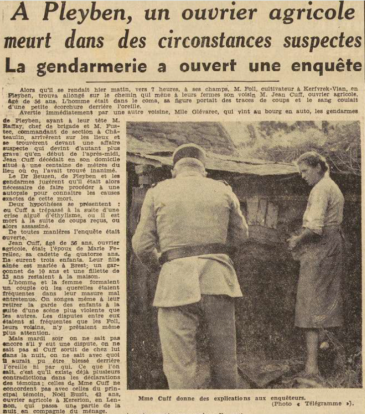Pleyben Mort suspecte d'un ouvrier agricole Le télégramme de Brest 28 Juillet 1955