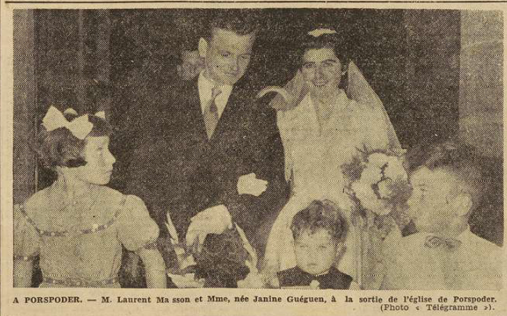 Porspoder Mariage Masson Laurent et Guéguen Janine Le Télégramme de Brest 12 septembre 1955