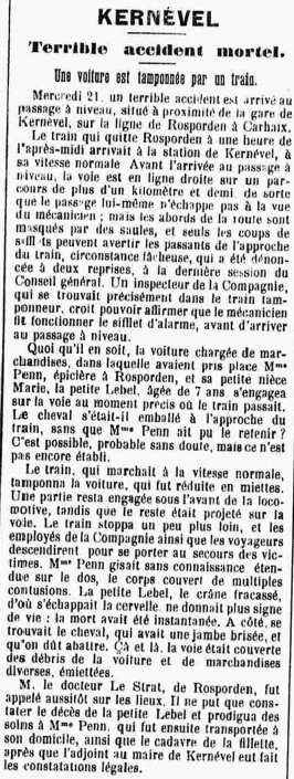 Rosporden Kernével voiture tamponnée par un train Le Progrès du Finistère 1 Octobre 1910