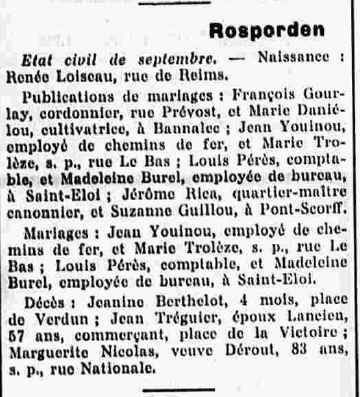 Rosporden état civil Septembre Le Finistère 8 Octobre 1938