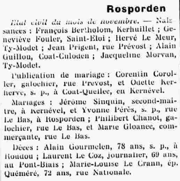 Rosporden état civil novembre 1938 Le finistère 1 Janvier 1938