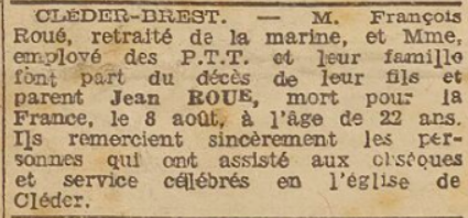 Roue Jean Cléder mort pour la France Le Télégramme 18 Septembre 1944