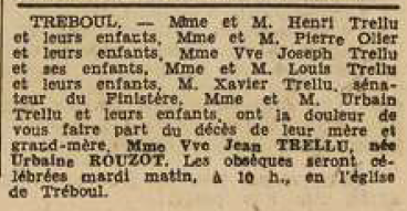 Treboul avis mortuaire Rouzot Urbaine veuve Trellu Jean Le Télégramme 25 Juillet 1955