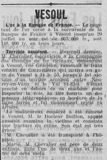 Vesoul accident Chevalier L'Alsace 2 Août 1915