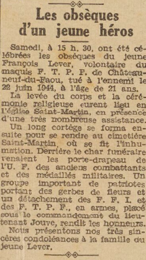 obsèque Lever François Le Télégramme 18 Septembre 1944