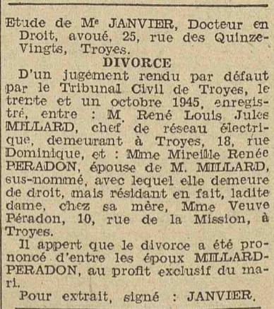 Avis de divorce Millard René louis jules Peradon Renée 1946