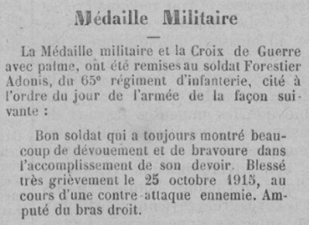 Forestier Adonis 65e régiment d'infanterie