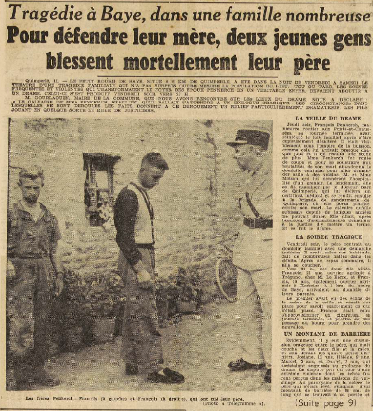 Quimperlé Baye deux jeunes gens blessent mortellement leur père pour défendre leur mère Le Télégramme de Brest 12 Septembre 1955
