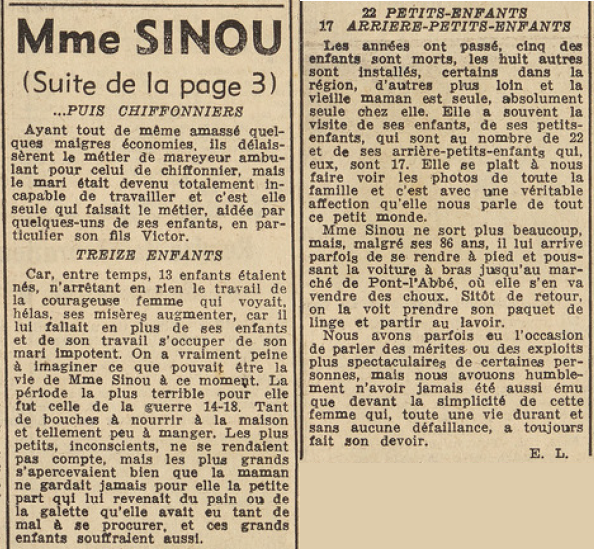 Tréméoc Mme Sinou figure Le Télégramme de Brest 4 mai 1955