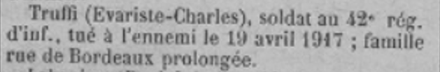 Truffi Evariste Charles 42e régiment d'infanterie Ere des Charentes 1 Juin 1917