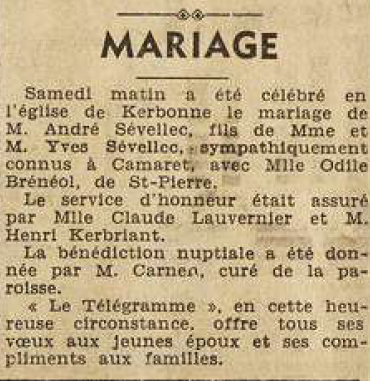 Camaret Saint-Pierre mariage Sévellec André et Bréhéol Odile Le Télégramme de Brest 12 Septembre 1955