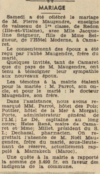 Le Télégramme de Brest et de l'Ouest 1955-11-21 Camaret Maugendre Pierre Jacqueline Seigneur
