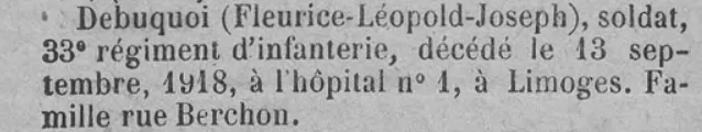 Debuquoi Fleurice Léopold Joseph Ere Nouvelle des Charentes 10 Janvier 1919