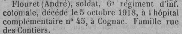 Flouret André Ere Nouvelle des Charentes 10 Janvier 1919