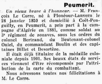 Le Corre François Plonéour-Lanvern 3e régiment de zouaves Le Finistère 3 Juillet 1937