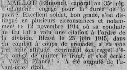 Médaille militaire Maillot Edmond L'Alsace 3 Août 1915