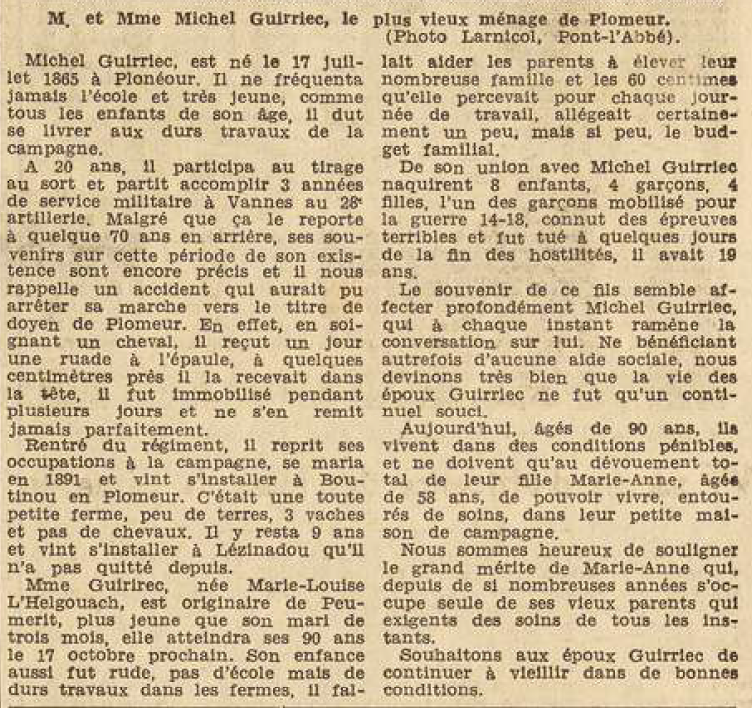 Plomeur doyen Guirriec Michel et doyenne sa femme L'Helgouach Marie Louise 90 ans Le Télégramme de Brest 12 Septembre 1955