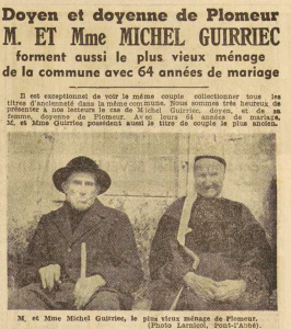 Plomeur doyen Guirriec Michel et doyenne sa femme L'Helgouach Marie Louise Le Télégramme de Brest 12 Septembre 1955