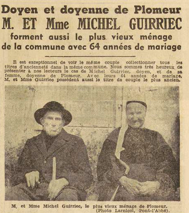 Plomeur doyen Guirriec Michel et doyenne sa femme L'Helgouach Marie Louise Le Télégramme de Brest 12 Septembre 1955