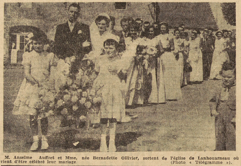 Landerneau Mariage Auffret Anselme Ollivier Bernadette Le télégramme de Brest 28 juillet 1952