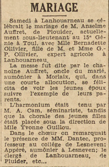 Landerneau Mariage Auffret Anselme avec Ollivier Bernadette Le télégramme de Brest 28 juillet 1952