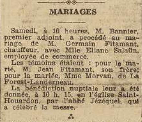 Landerneau mariage Fitamant Germain Salaün Eliane Le Télégramme 25 Juillet 1955