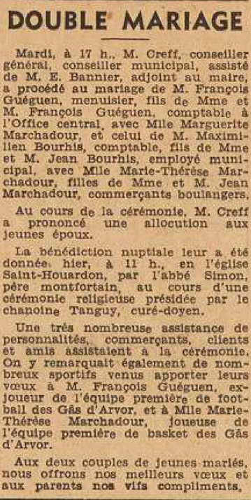 Landerneau mariage Guéguen François Marchadour Marguerite Bourhis Maximilien Marchadour Marie-Thérèse Le Télégramme de Brest 21 Juillet 1955