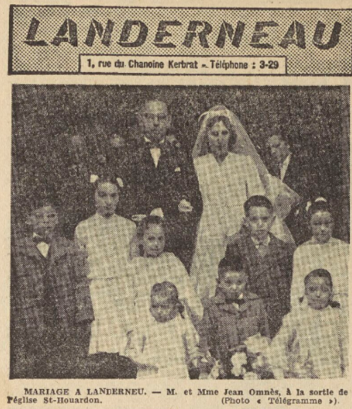Le Télégramme de Brest et de l'Ouest 1955-11-21 Landerneau Mariage Jean Omnès