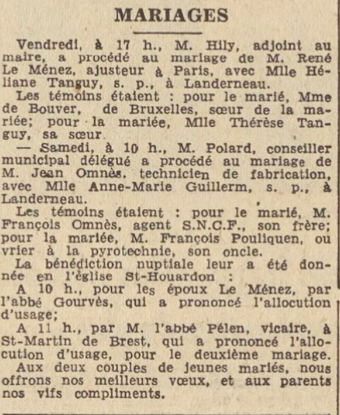 Le Télégramme de Brest et de l'Ouest 1955-11-21 Landerneau Mariage René Le Ménez Tanguy Héliane