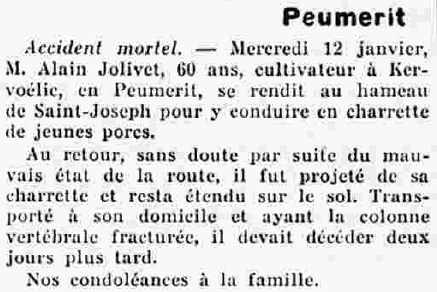 Peumerit accident mortel Le Finistère 27 Janvier 1938