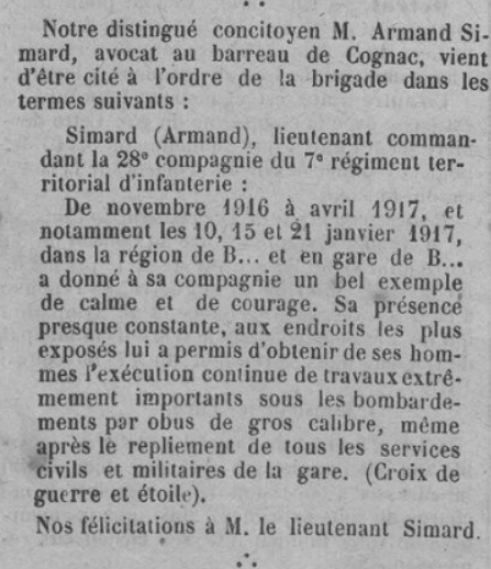Armand Simard Ere Nouvelle des Charentes 5 Janvier 1919