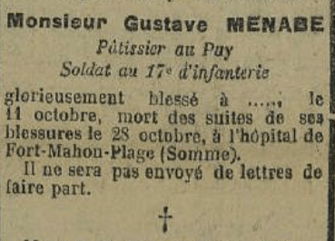 obsèques Menave Gustave soldat 17e d'infanterie L'Avenir de la Haute Loire 5 Décembre 1915