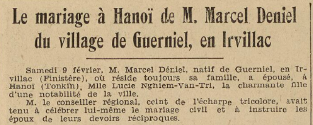 Mariage Deniel Marcel Irvillac Le Télégramme de Brest 15 Février 1952
